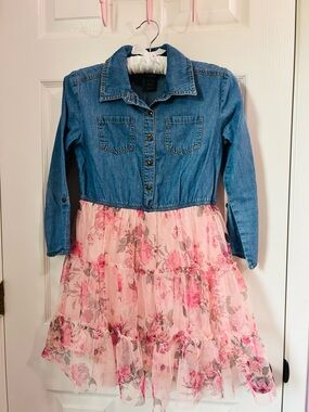 Girls Pink & Violet Denim Tutu Dress - Light Denim Blue - Floral Pink- Size 10